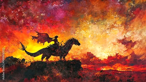 A majestic dragon silhouette with a rider against a vibrant sunset sky over a rocky landscape