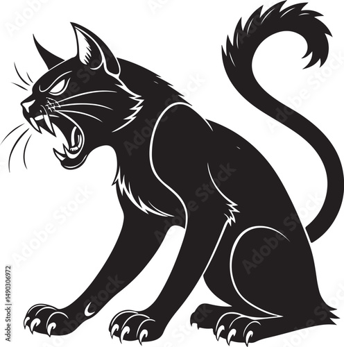 Angry Cat, Rabies or Rabid, Black and White Vector Illustration, Sketch Drawing Line Linear Symbol Icon Engraving, Hand-drawn Isolated