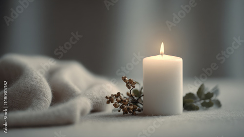 serene minimalist christmas corner featuring single glowing candle surrounded by subtle decorations