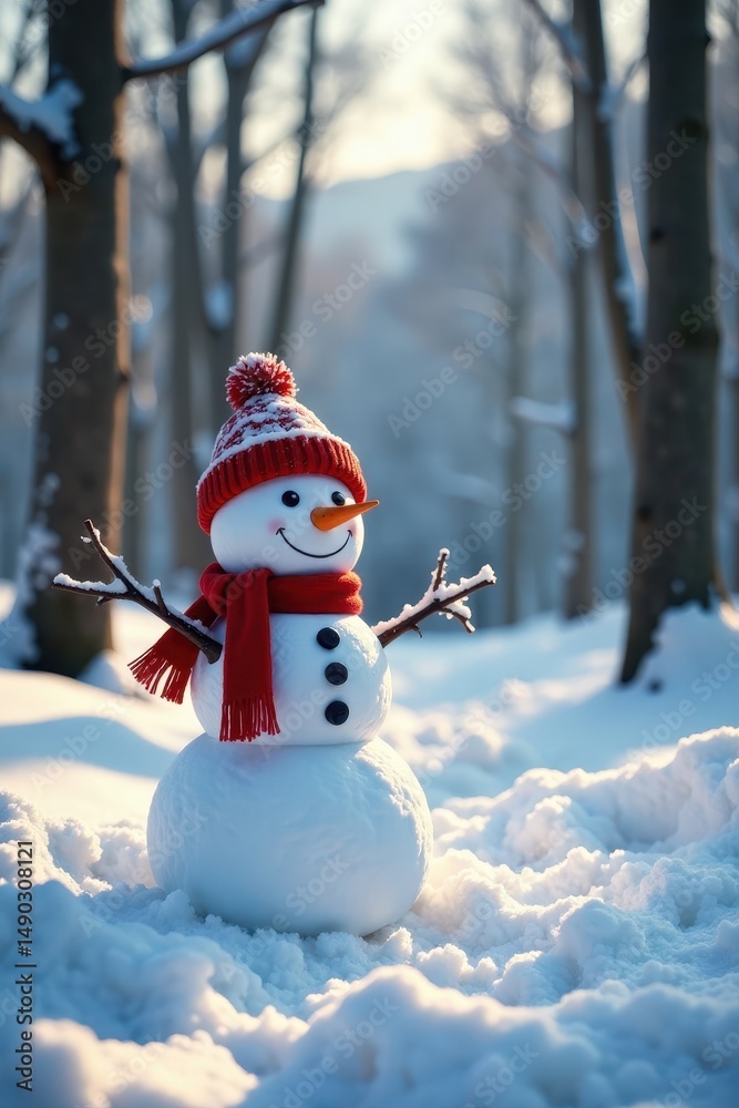 Obraz premium Snowman amidst bare trees and snowy forest floor , landscape, frozen