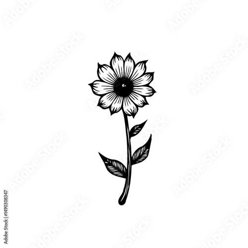 Detailed black and white drawing showcasing a solitary stylized sunflower