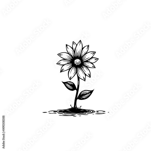 Monochrome botanical artwork featuring a stylized flower with detailed petals