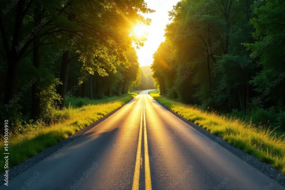 Fototapeta premium Golden Sunlight Illuminates a Scenic Asphalt Road Through a Lush Green Forest Canopy at Sunset