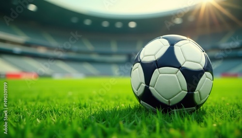 Soccer ball on lush green field with stadium blurred in background, soccer, blur