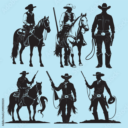 set of black various cowboys vector silhouettes isolated on white background