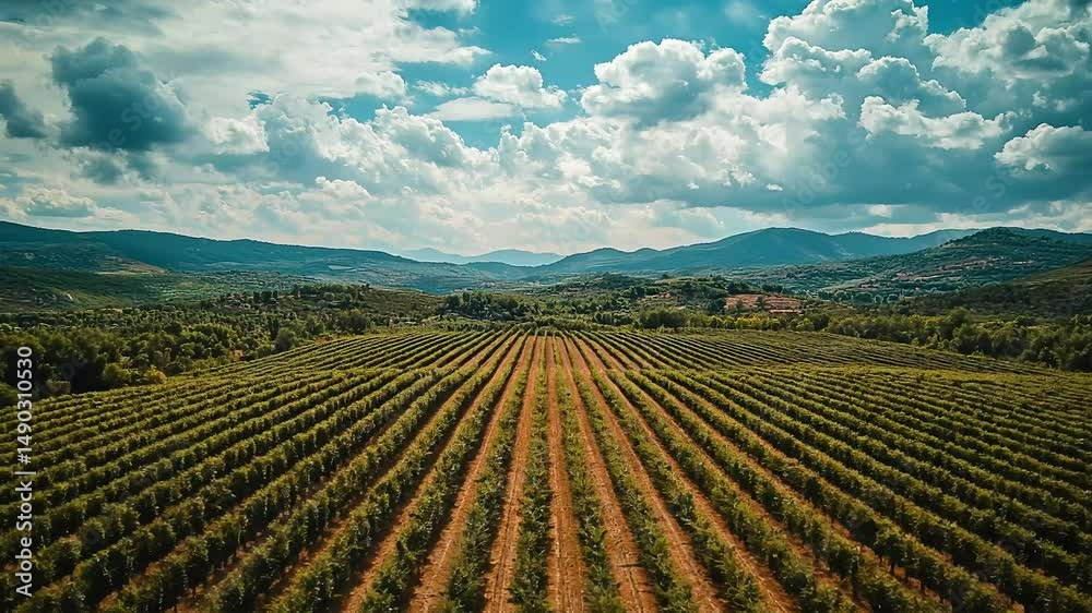 High aerial sweep over a vast orchard planted in precise rows under a bright blue sky dotted with fluffy clouds