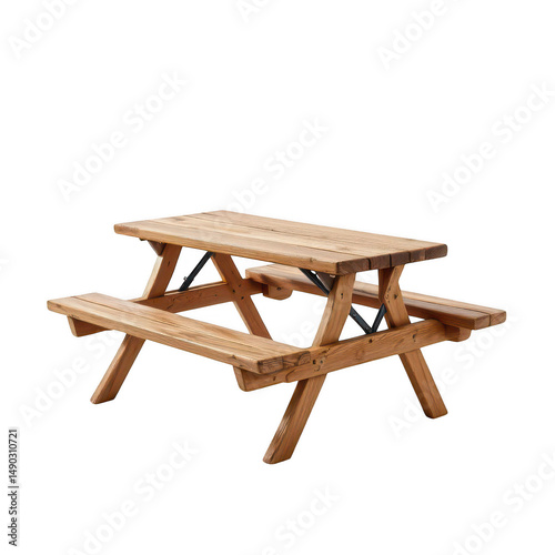 the photograph shows a picnic table made of wood against a dark background. the tabletop is made of several wooden planks, and the seats are attached to the table legs