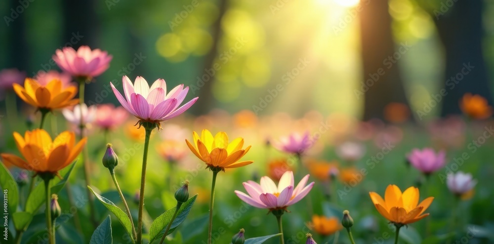 Fototapeta premium Soft petals of blooming wildflowers gently sway in the forest breeze , flowers, sunlight
