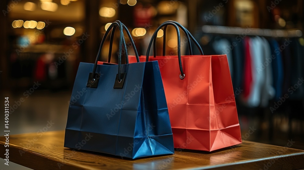 custom made wallpaper toronto digitalTwo colorful shopping bags sit on a table, store backdrop blurred