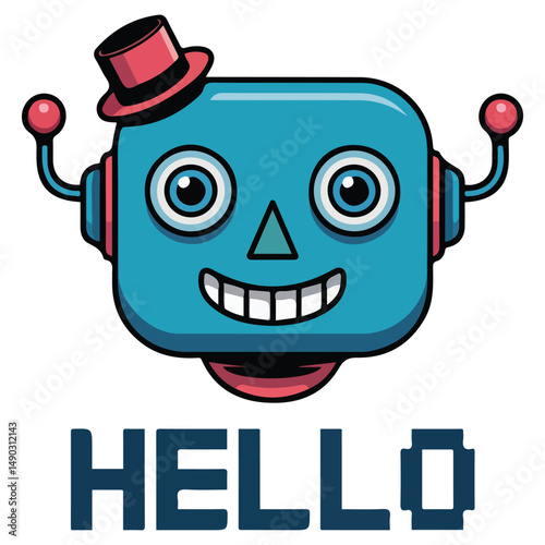 Vintage robot greeting with speech bubble isolated vector illustration