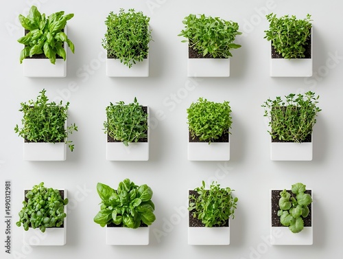 Vertical herb garden with equal spacing, minimalist urban growing style photo