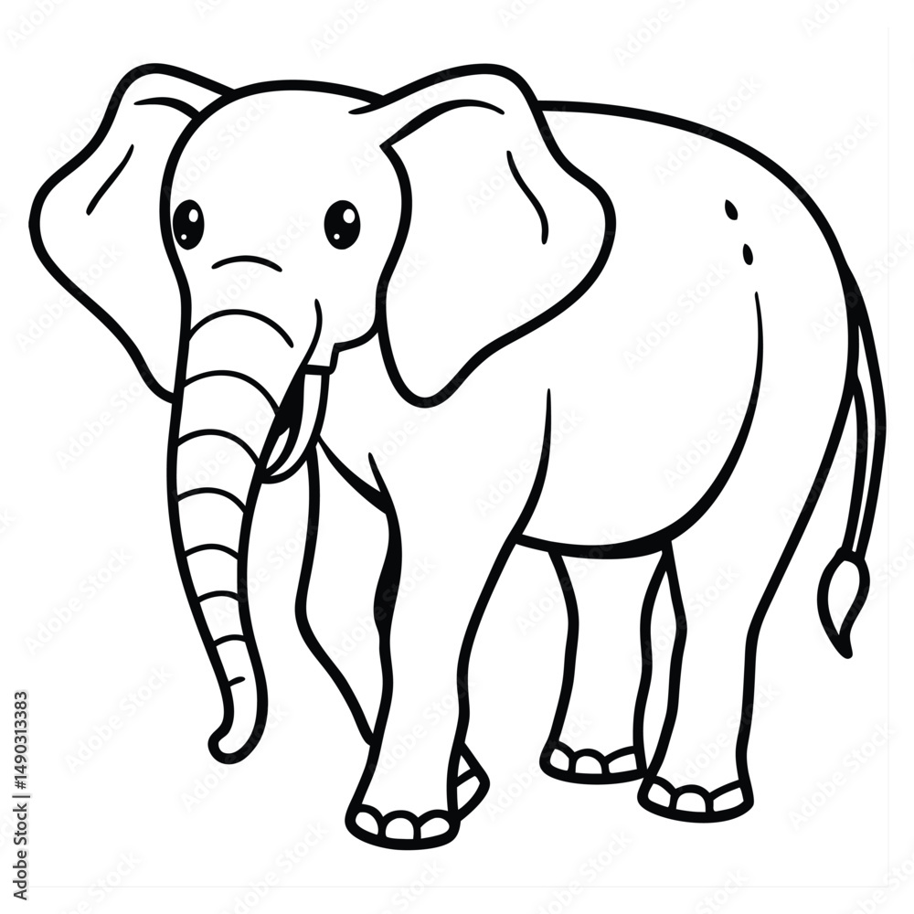 Naklejka premium Cartoon elephant vector in black outline. Features big ears, a curly trunk, and a smiling face. Perfect for coloring pages, nursery prints, stickers, posters, printables, baby shower invites 
