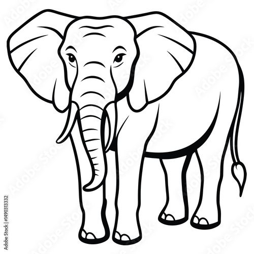 Cartoon elephant vector in black outline. Features big ears, a curly trunk, and a smiling face. Perfect for coloring pages, nursery prints, stickers, posters, printables, baby shower invites 