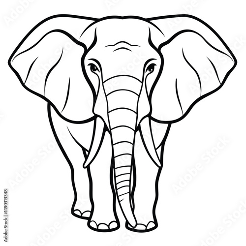 Line art illustration of an elephant facing forward, showcasing its large ears, prominent trunk, and detailed facial features. Minimalist appearance suitable for coloring or artistic purposes.