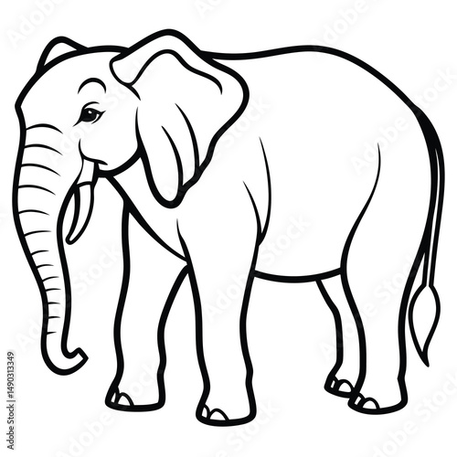 Cartoon elephant vector in black outline. Features big ears, a curly trunk, and a smiling face. Perfect for coloring pages, nursery prints, stickers, posters, printables, baby shower invites 