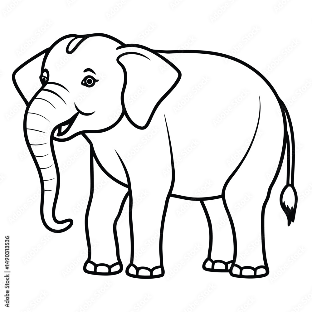 Fototapeta premium Cartoon elephant vector in black outline. Features big ears, a curly trunk, and a smiling face. Perfect for coloring pages, nursery prints, stickers, posters, printables, baby shower invites 