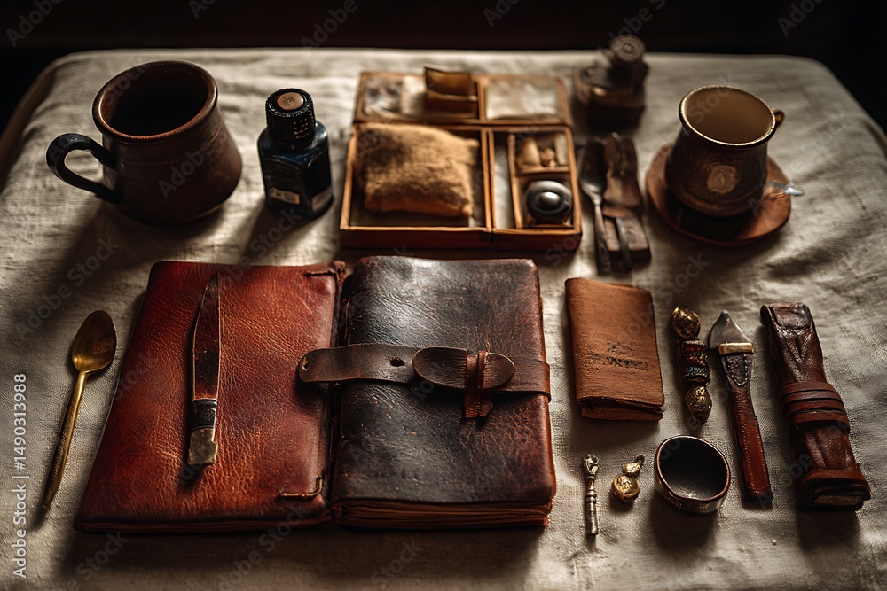 Naklejka premium Antique Workspace Leather Journals with Tea Cups, and and Writing Supplies on Linen.
