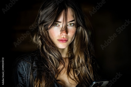 Beautiful Woman with piercing eyes looking at the camera in a dark background.
