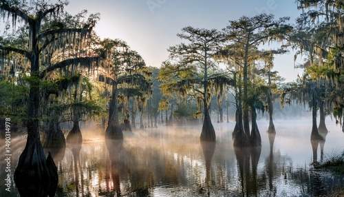 misty morning swamp bayou scene of the american south featuring bald cypress trees and spanish moss in caddo lake texas