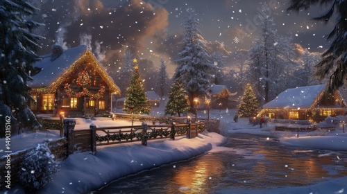 Festive Winter Village Scene with Decorated Cabins and Snowy Landscape