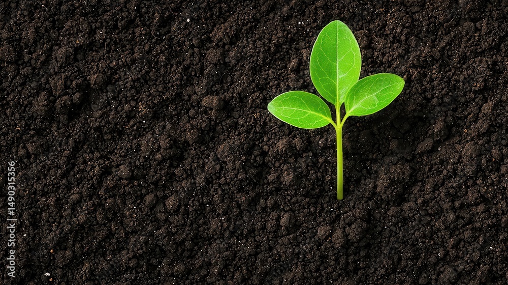 Naklejka premium Top view of soil with single plant sprouting, minimalist gardening life start