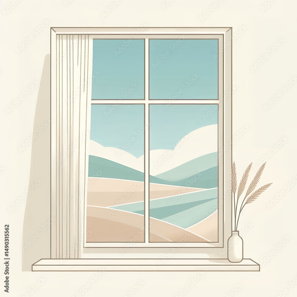 Fototapeta premium Window view illustration in minimalist flat style, pastel blue, beige, and cream, representing scenic outlook and home interior with copy space