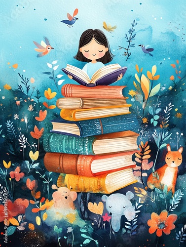 Girl reading book surrounded by nature and animals.