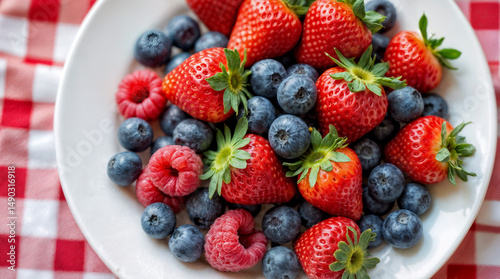 Ceramic bowl with blueberries, strawberries and blackberries. Close up, high resolution product. High quality photo