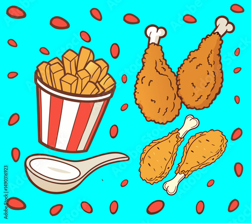 Fun cartoon of crispy fried chicken and fries on a vibrant blue background. Ideal for fast food promos and menus