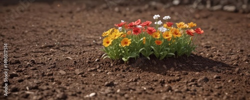 Close-up view of newly planted flowers in rich soil,  soil,  flora