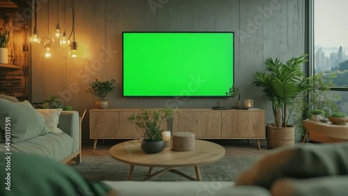 Modern Cozy Living Room: A stylish living room featuring a modern aesthetic, incorporating a large flat-screen TV with a vibrant green screen and lush greenery, set against a backdrop of warm.