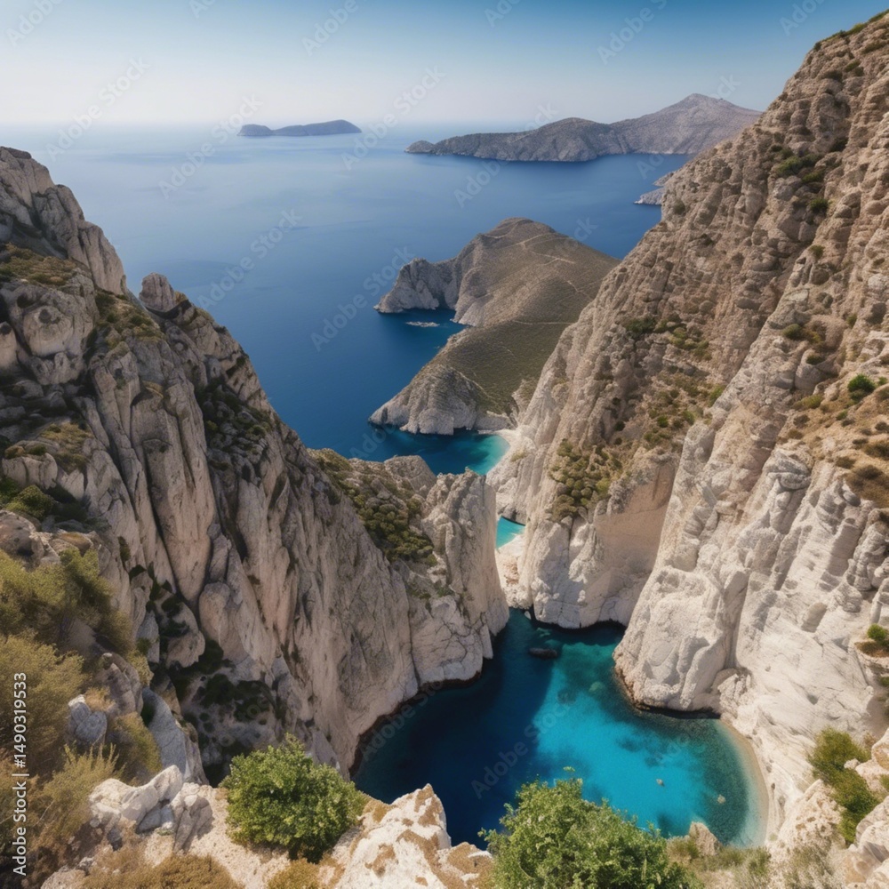 Fototapeta premium Cliffs that proudly rise above the calm, blue sea. Waves gently crash against the rocky coastline, creating picturesque landscapes full of nature and tranquility.