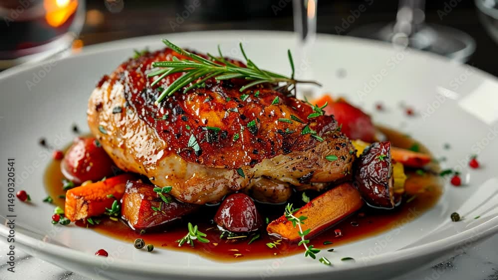 Coq au vin simmering in red wine with vegetables