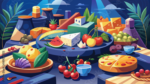 A vibrant array of cheeses and fresh produce displayed on a slate platter at a culinary event in a contemporary setting
