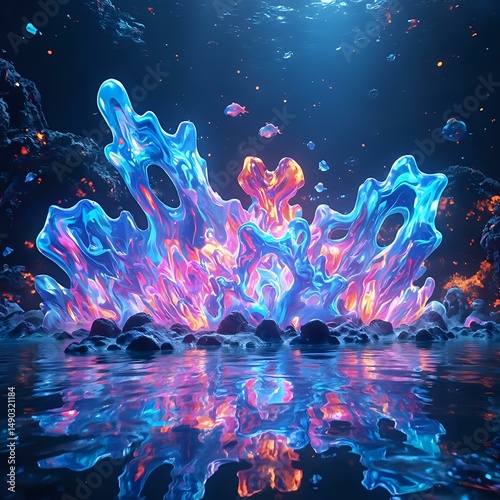 The image is a digital art piece depicting a vibrant underwater scene with a cluster of glowing, bubble-like structures reflecting on the water's surface.