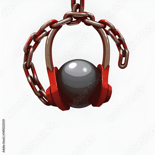 Shackles, gyve on chain with weight metal ball, prisoner fetter, encumbrance or debt concept , vector