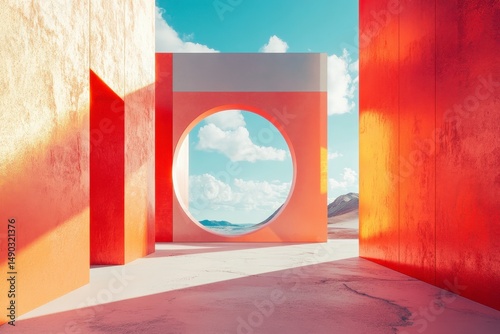 Surreal architectural scene with vibrant orange structures.