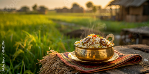 Delicious kacchi biryani in a traditional brass bowl placed on a bamboo mat, beside a rice field during sunset, soft breeze moving through the paddy, serene and natural. photo