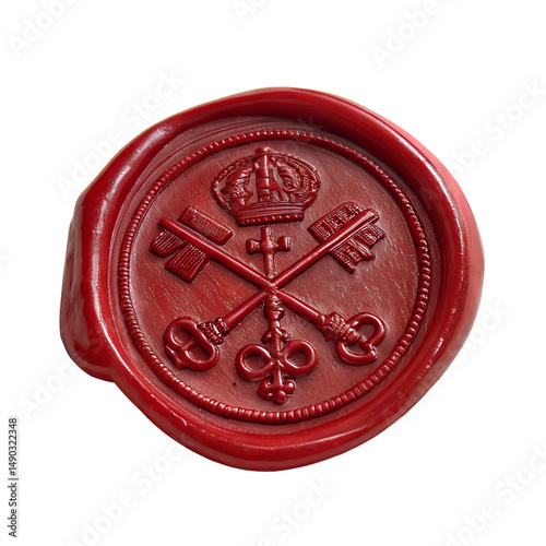 Red wax seal on transparent background featuring the crossed keys of St. Peter and papal tiara, symbolizing Vatican authority and Catholic tradition