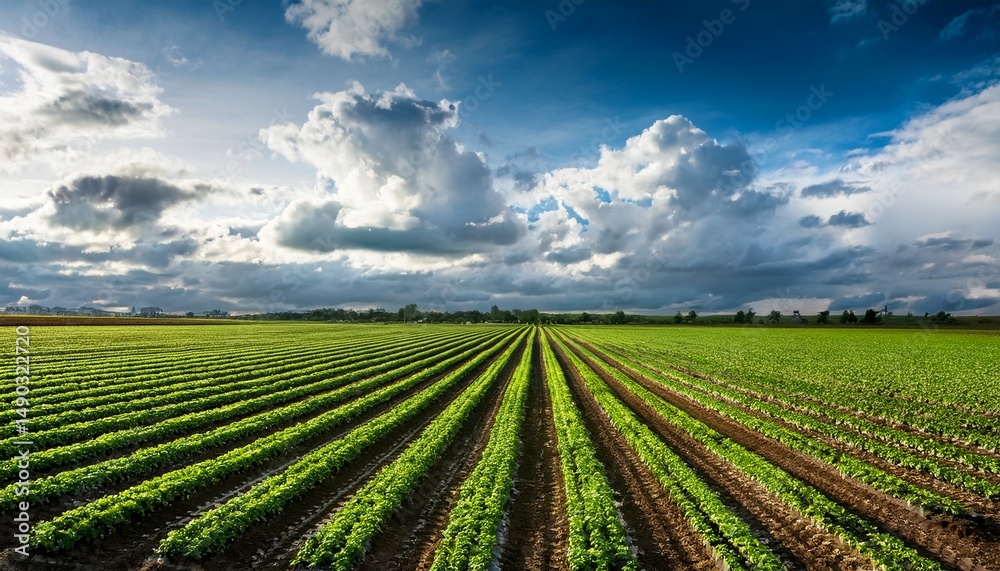 lush green plantation with expansive rows of crops under cloudy sky lush green plantation with expansive rows of crops under cloudy sky