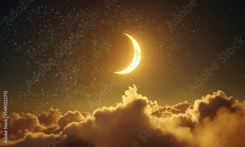 Golden crescent moon shines brightly above fluffy clouds under a starry night sky