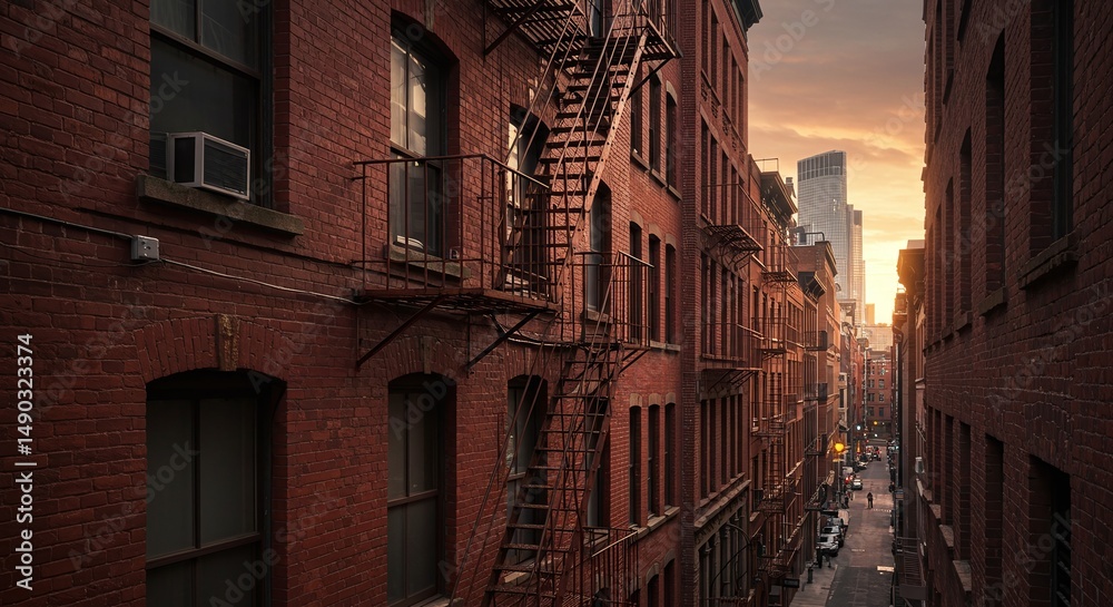 Fototapeta premium Urban landscape of New York City with old brick buildings at sunset
