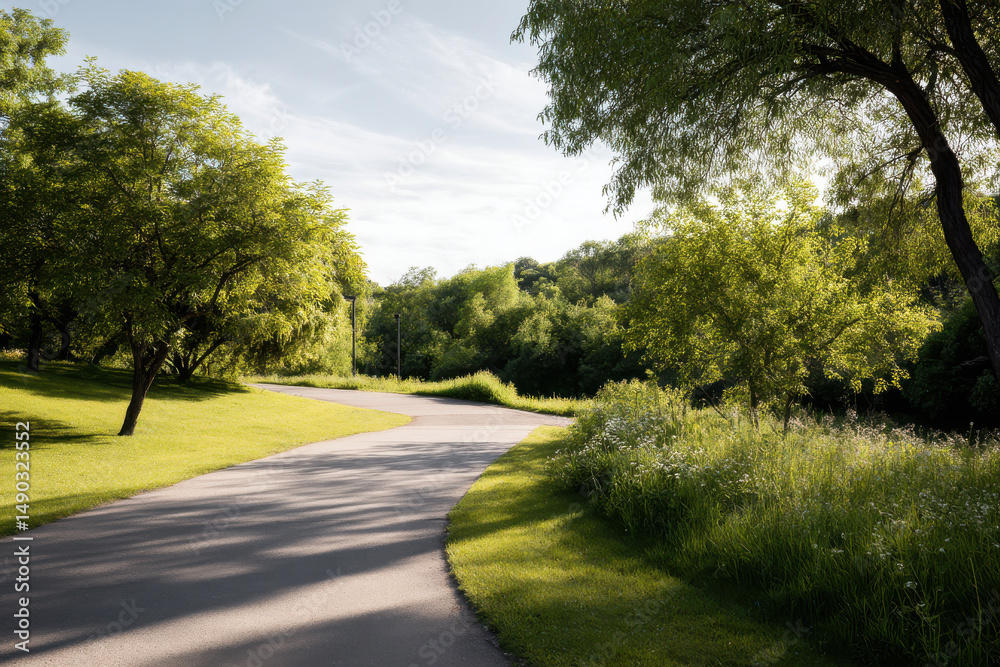 Fototapeta premium serene park trail winding through lush green trees bathed in soft morning light