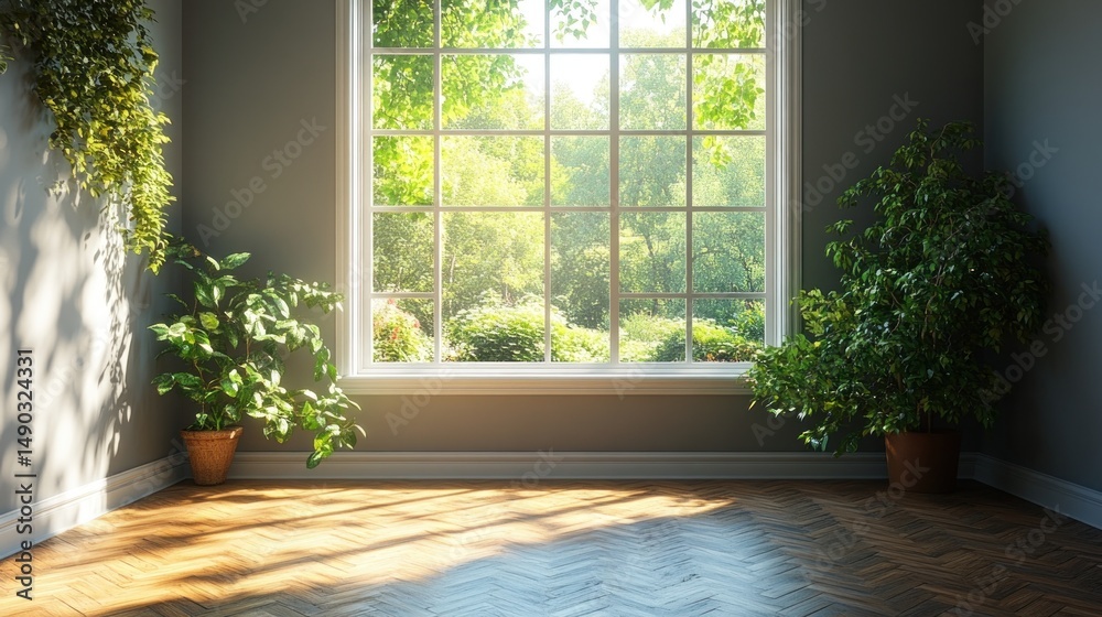 Fototapeta premium Sunlit Room with Greenery and Large Window