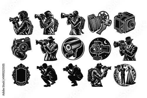 Set of  Photographer and Camera Icons silhouette vector 