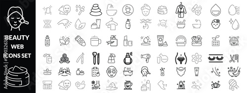 Beauty and Spa set of web icons in line style. Cosmetics services & Spa icons for web and mobile app. Spa treatments, skin care, massage, hyaluronic acid, serum, anti ageing, pore tighten, cosmetology