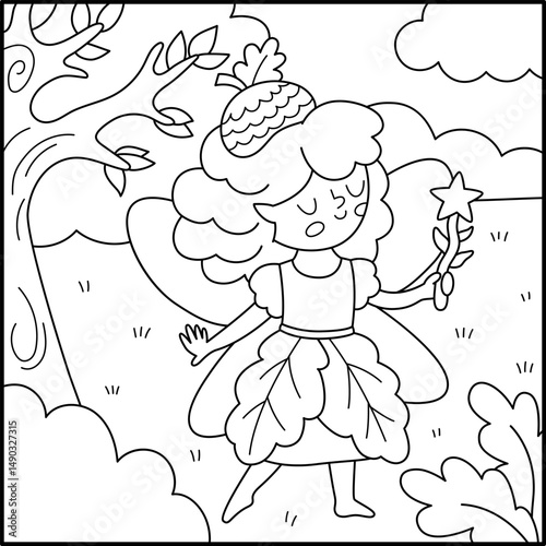 Vector black and white square background with acorn fairy. Fairyland line landscape illustration. Cute scenery with magic princess, meadow, sky. Fantasy nature scene illustration, coloring page