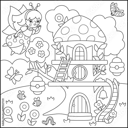 Vector black and white square fairyland background with bug fairy, ladybird treehouse, bees. Magic land line landscape. Woodland scenery with princess. Fantasy forest scene illustration, coloring page
