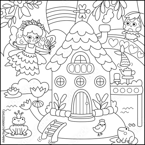 Vector black and white square fairyland background with swamp fairy, house, reeds. Magic land line landscape. Woodland scenery with princess. Fantasy forest scene illustration, coloring page