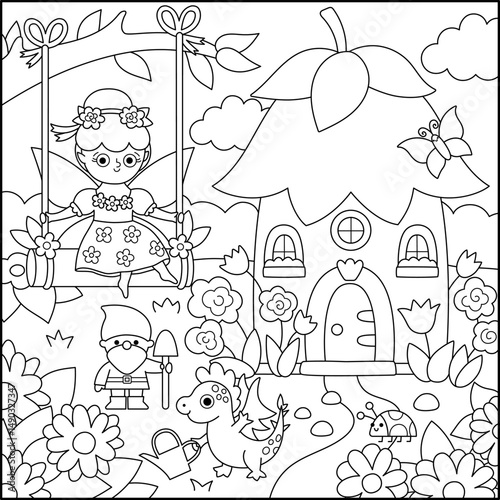Vector black and white square fairyland background with flower fairy, garden, house. Magic land line landscape. Woodland scenery with princess. Fantasy forest scene illustration, coloring page